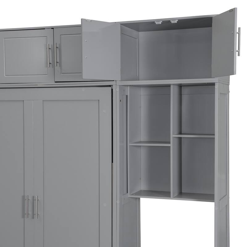 Gray Queen Size Murphy Bed with Built-In Desk, Storage Shelves, and Top Cabinets, Space-Saving Design
