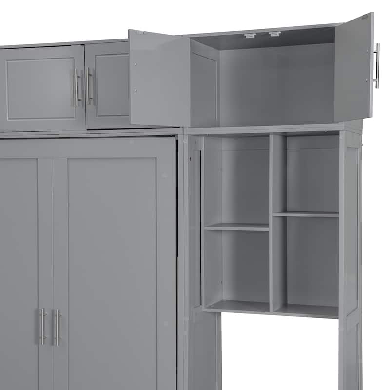 Queen Size Murphy Bed Hidden Cabinet with Desk and Drawer, Foldable Wood Wall Bed Frame with Top Cabinet & Storage Shelves