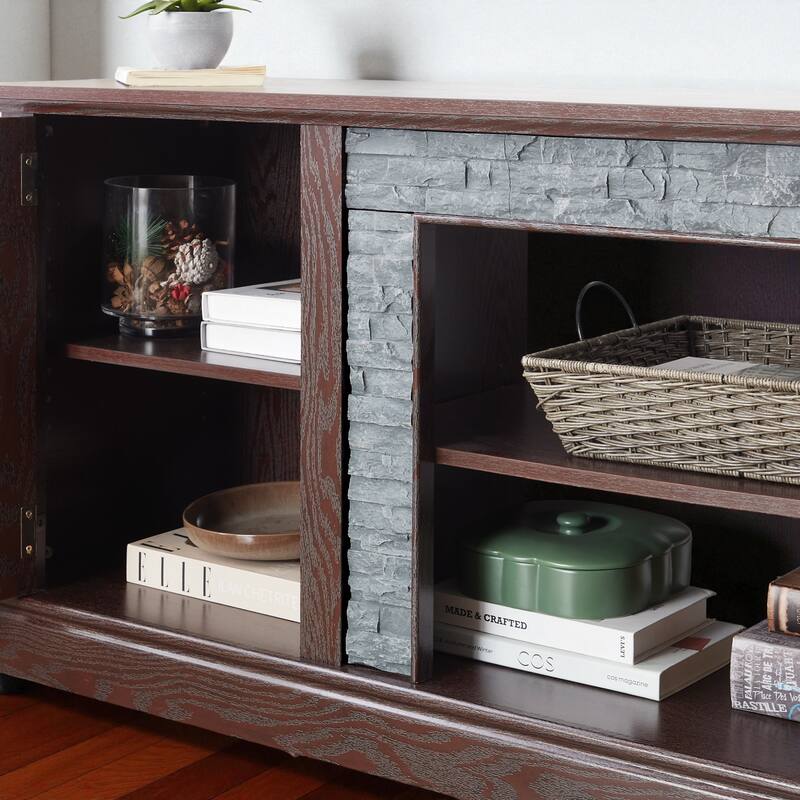 70'' Modern TV Stand for 75'' TV, Faux Stone Media Console with Cabinets, Cable Management & Adjustable Shelves