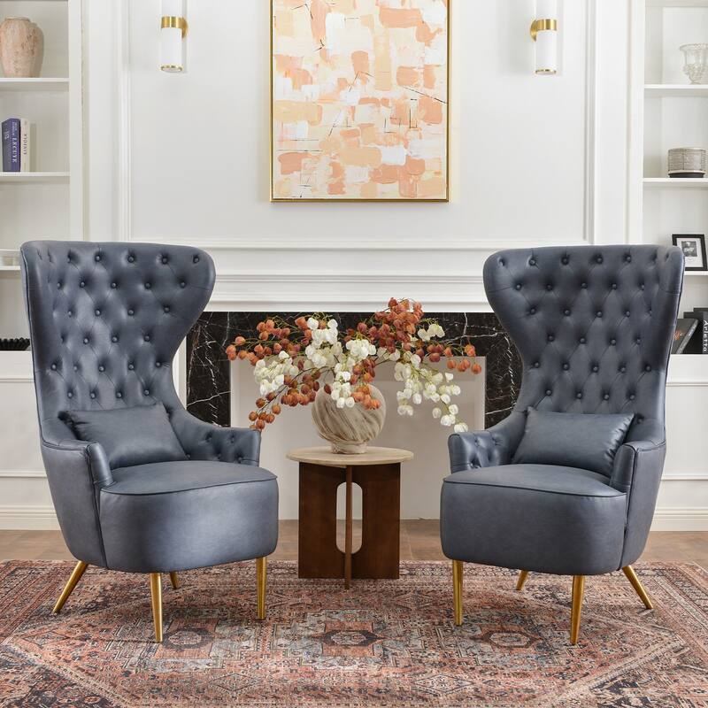 KINWELL Upholstered Tufted Faux Leather Wingback Chair PU Accent Chair - Set of 2 - Navy Blue