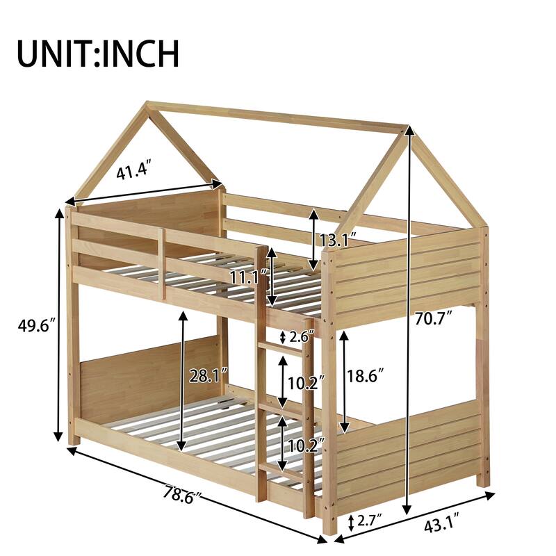Twin Over Twin House Floor Bunk Bed with Ladder, Rubber Wood Frame with Guardrails, Headboards and Footboards for Kids