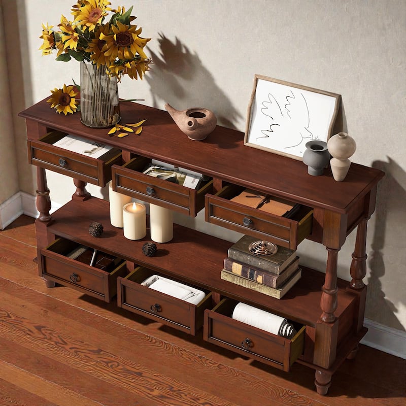 Solid Wood Console Table with 6 Drawers and Shelf, 54 Inch Vintage Entryway Sofa Table