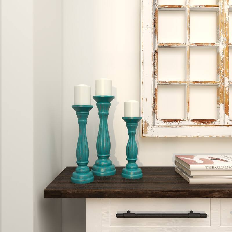 Wooden Distressed Turned Decorative Candle Holder - Set of 3 Gray, Brown, Blue, Green - Roche River Decor