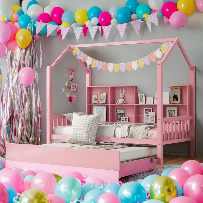 Pink Roof Wooden Twin Size House Bed with Trundle Kids Princess