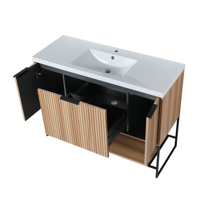 48 inch Maple Plywood Freestanding Bathroom Vanity Set with Open shelf and Integrated Resin Sink