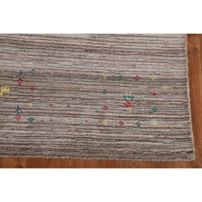 Earth Tone Striped Gabbeh Indian Area Rug Hand-Knotted Wool Carpet - 4'11" X 8'0"