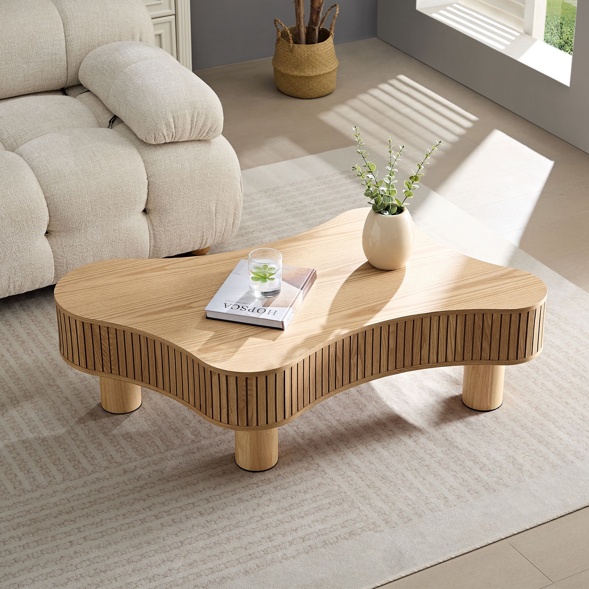 42.52" Modern Wooden Handcraft Drum Coffee Table, Irregular Shaped Coffee Table, Small Coffee Table with Sturdy Pedestal