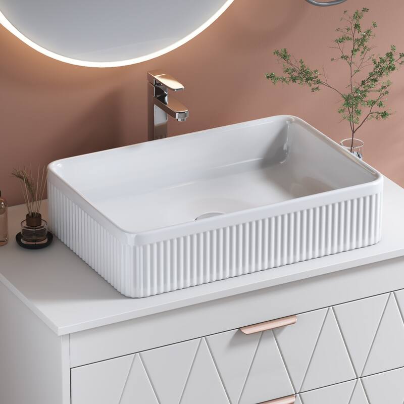 GDFStudio - Modern 20.1" Rectangular Ceramic Bathroom Vessel Sink with Drain Assembly