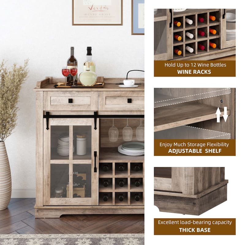 53" Barn Door Buffet Coffee Bar Cabinet with Wine Rack, Kitchen Sideboard Storage Cabinet