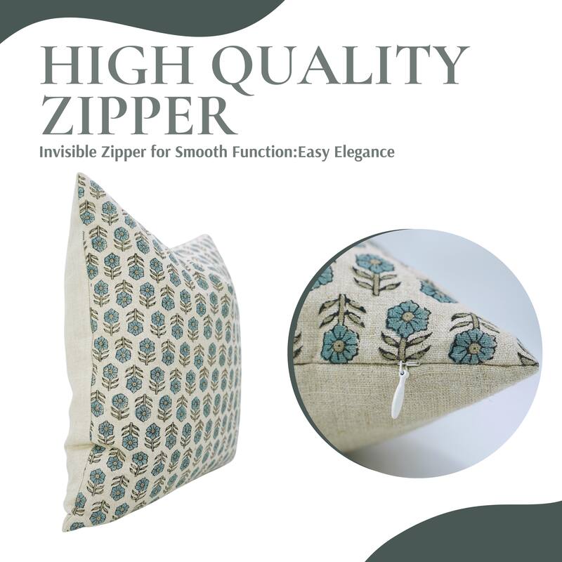 Fabdivine Blue Home Accent Pillow Cover with Floral Block Print for Farmhouse Fall or Dining Décor Linen 26x26 Inch, Tulsi Buti