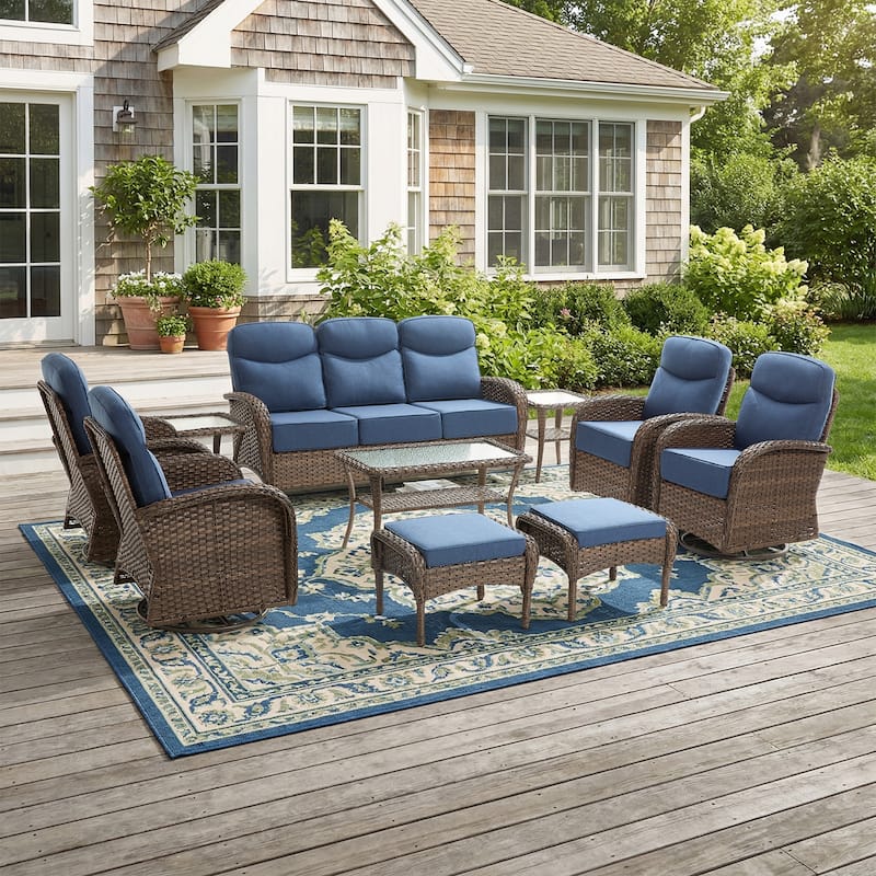 Pocassy Outdoor Sofa Swivel Chair and Ottman with Fire Pit Table - Brown Wicker Blue Cushion - 10-Piece Sofa Swivel Chiar Ottoman with Table