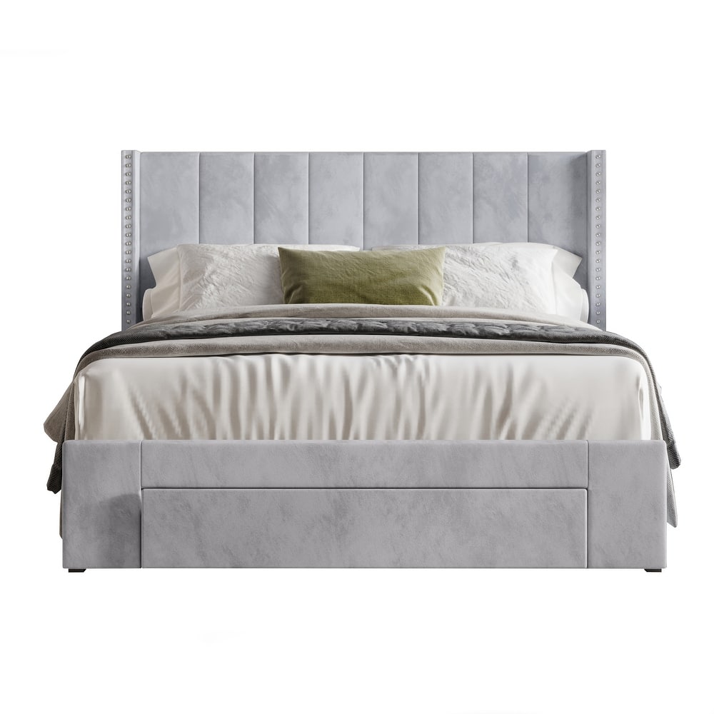 CraftPorch Velvet Wingback Tufted Upholstered Platform Storage Bed