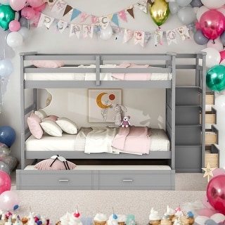 Simple Full over Full Bunk Bed With Trundle And Staircase,Storage Drawers