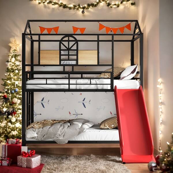 slide 2 of 10, Industrial Modern Style Twin Over Twin Metal House Bunk Bed With Slide, Sturdy Frame, Safety Ensured, Friendly Design, Black Red
