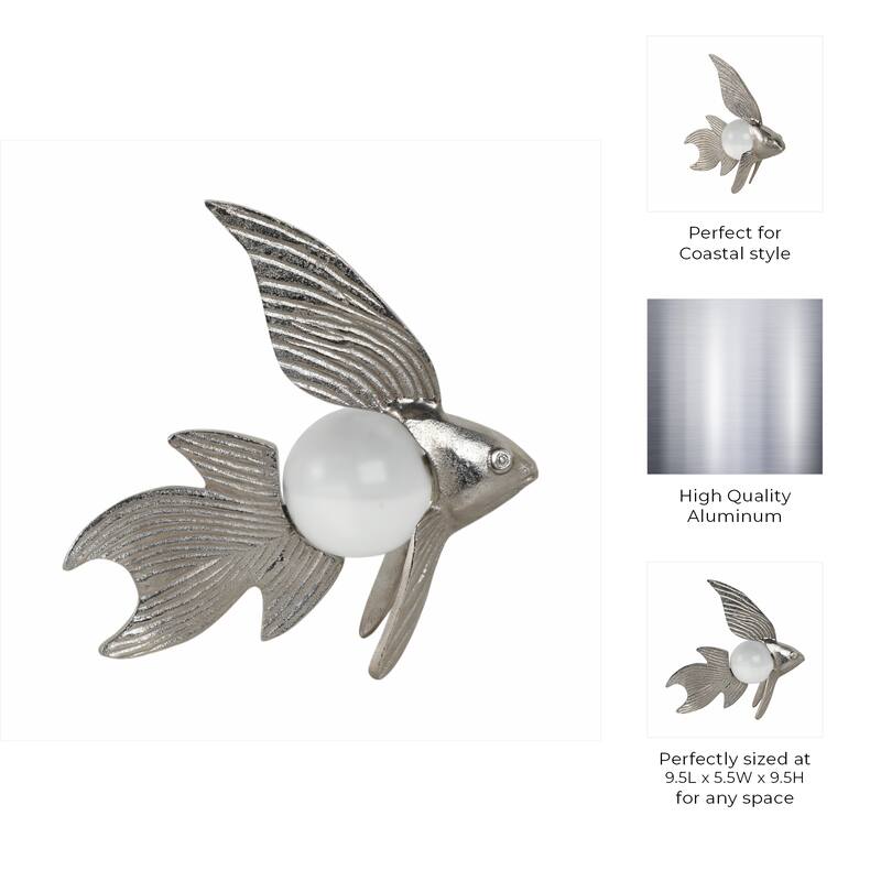 Metal Fish Figurine with Textured Fins and Glass Orb - 9" Silver - 9.5" x 3.5" x 9"