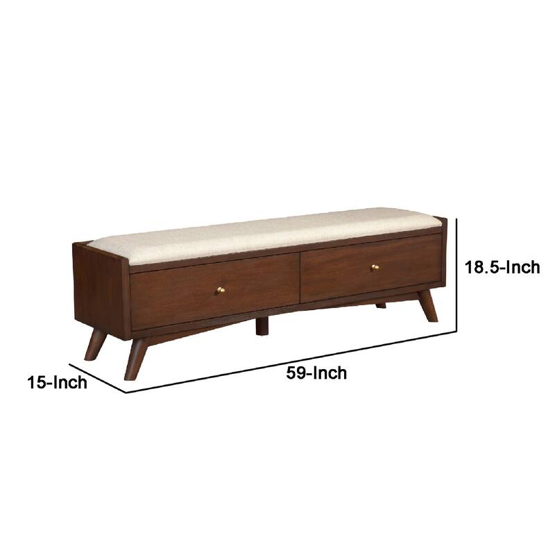 Ian 59 Inch 2 Drawer Accent Bench, Beige Seat, Mahogany Wood, Walnut Brown