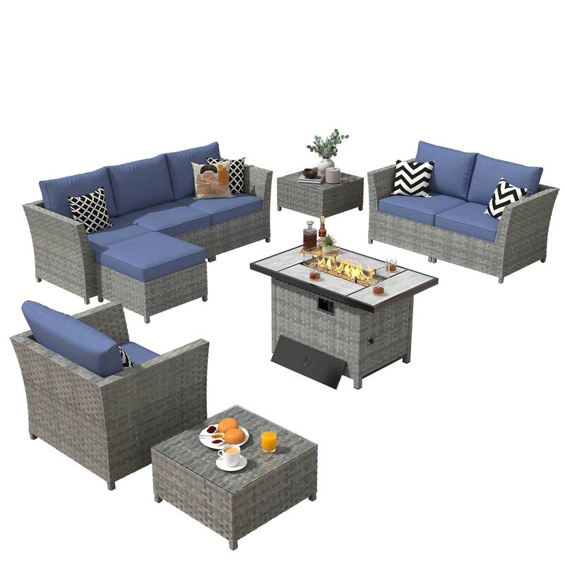XIZZI 10-piece Patio Rattan Wicker Furniture with Rectangular Fire Pit