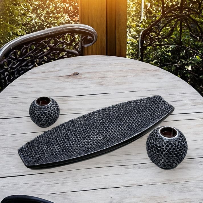 Black Set of Three Woven Polyresin Candle Holders with Quilted Tray