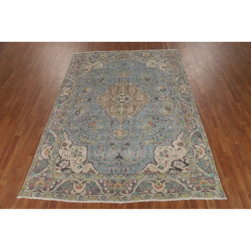 Light Blue Floral Tabriz Persian Rug Oriental Handmade Wool Carpet - 6'7"x 9'2"
