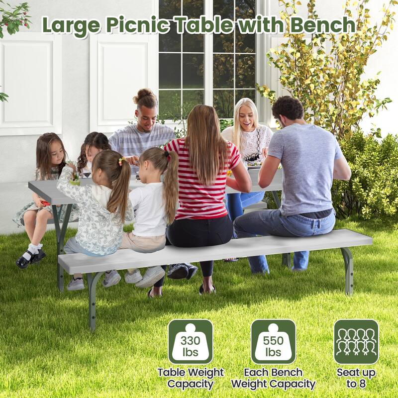72 Inch 8-Person Outdoor Picnic Table and Bench Set with HDPE Wood-Texture Top and with Built-in Umbrella Hole