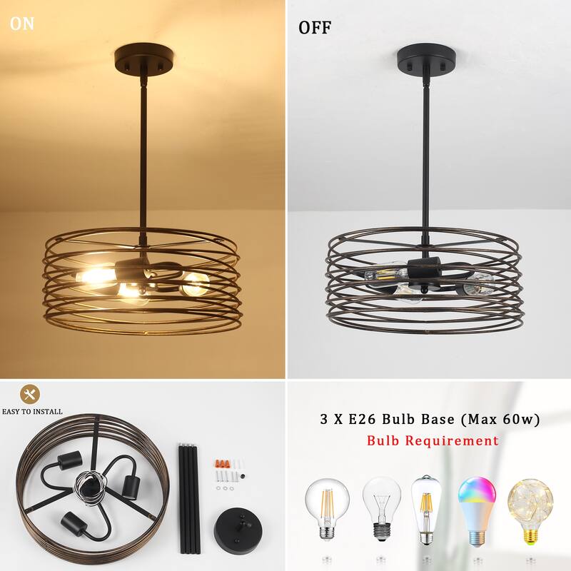 3-Light 14.96" Classic Caged Drum Metal Chandelier, Classic Semi Flush Mount Chandelier for Dining Room - W14.96"x H5.9"