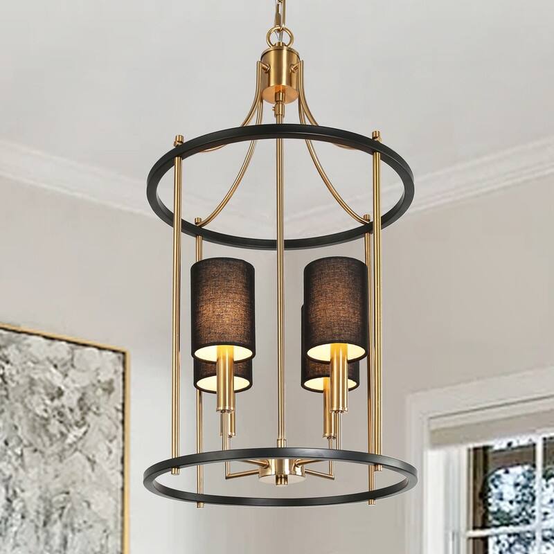 Evaie Modern Farmhouse 4-light Candle Chandelier Dimmable with Black Fabric Shade - D13.5'' x H88''