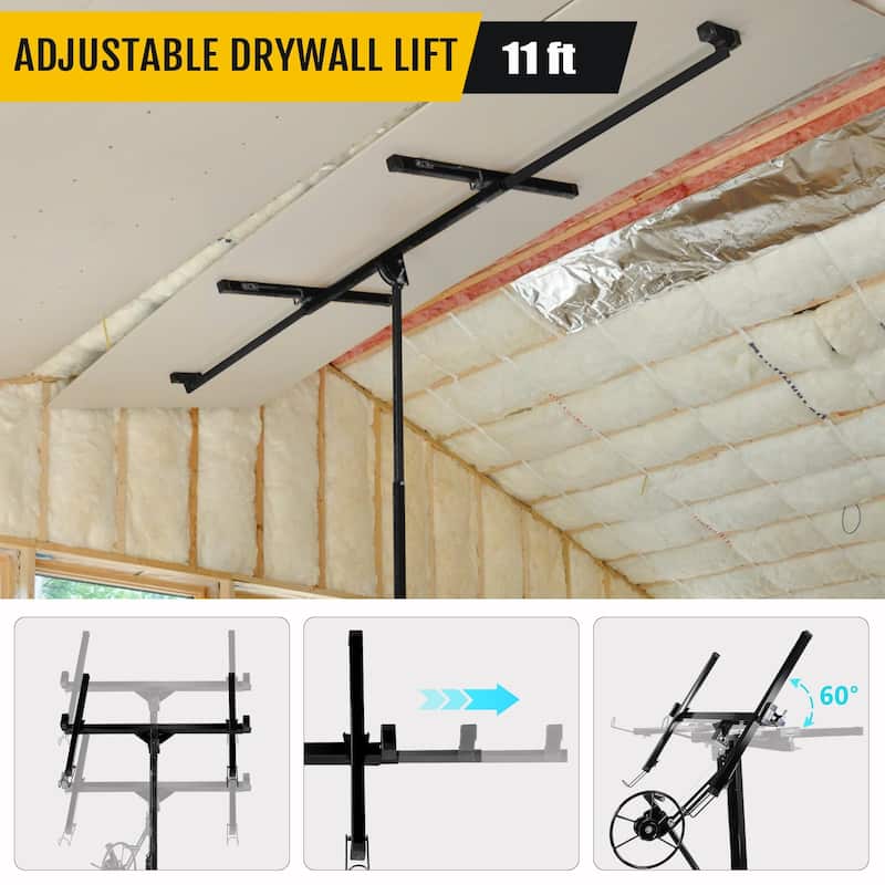 Drywall Lift 11FT, 150lb Capacity Heavy Duty Sheetrock Hoist w/Telescopic Arm & Locking Wheels, Steel Panel Lifter