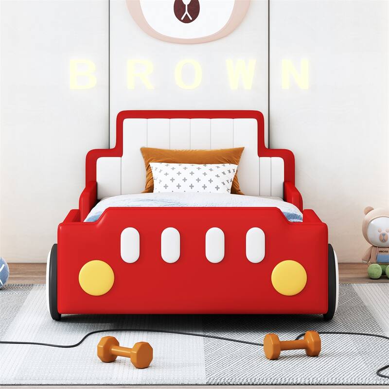 Twin Size Race Car-Shaped Platform Bed with Wheels - Red