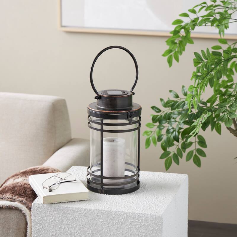 Black Metal Indoor Outdoor Candle Lantern with Round Circle Lines - Black