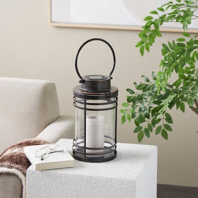 Black Metal Indoor Outdoor Candle Lantern with Round Circle Lines