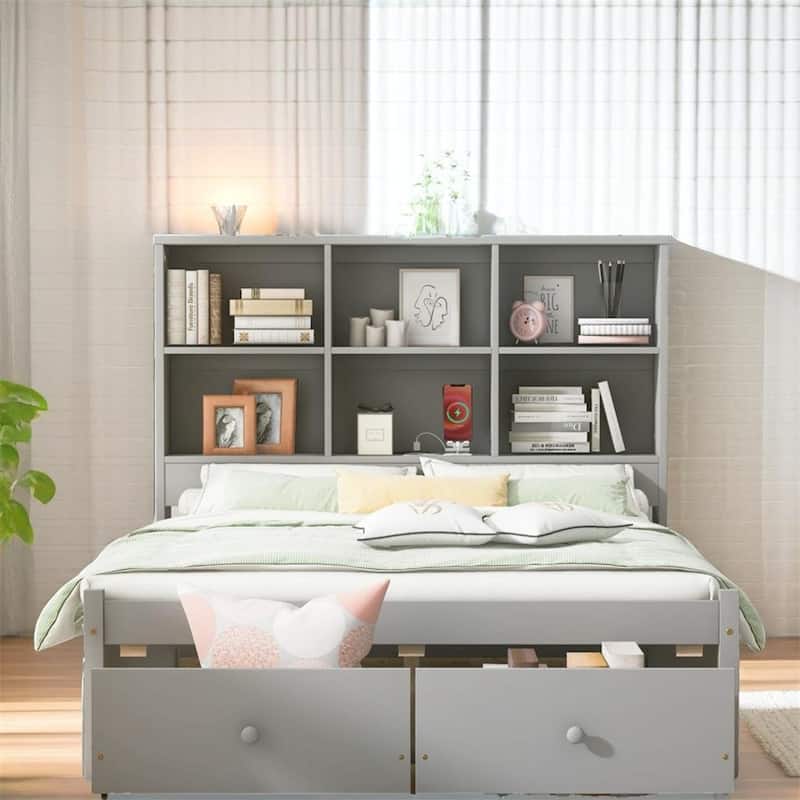 Full Size Platform Bed with Storage Headboard and Charging Station