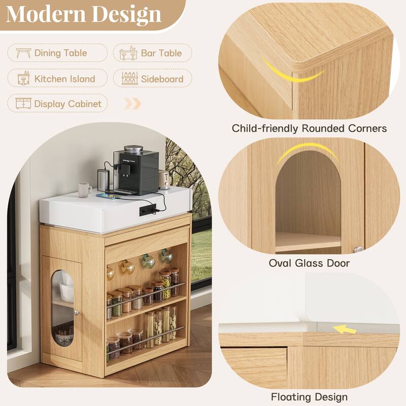 Extendable Kitchen Island Dining Table with Power Outlet, Rolling Sideboard with Folding Tabletop & Drawers