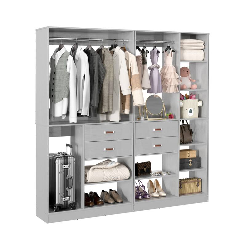Vryon 110'' Set of 3 Freestanding Corner Closet System, Reversible Closet Organizer with Drawers and Hanging Rods