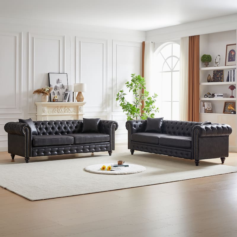 Classic Chesterfield Sofa with High-Density Cushions and Metal Accents