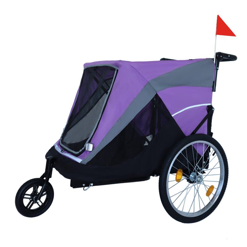 2-In-1 Bike Trailer & Push Cart For Pets-Quick Release Wheel,Pockets And Storage Bag,Holds Pets Up To 88 Lbs - Purple+Black