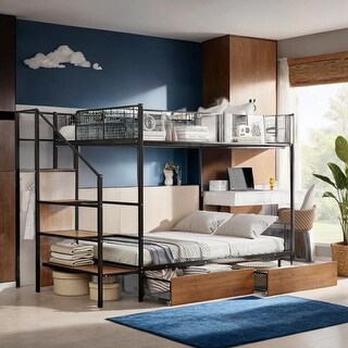 Twin Over Full Metal Bunk Bed with Drawer and Wardrobe, Black