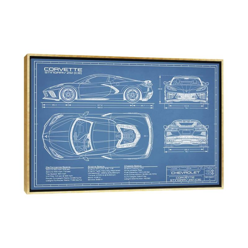iCanvas "Corvette (C8) Stingray Blueprint" by Action Blueprints Framed Canvas Print - Gold - 32x48