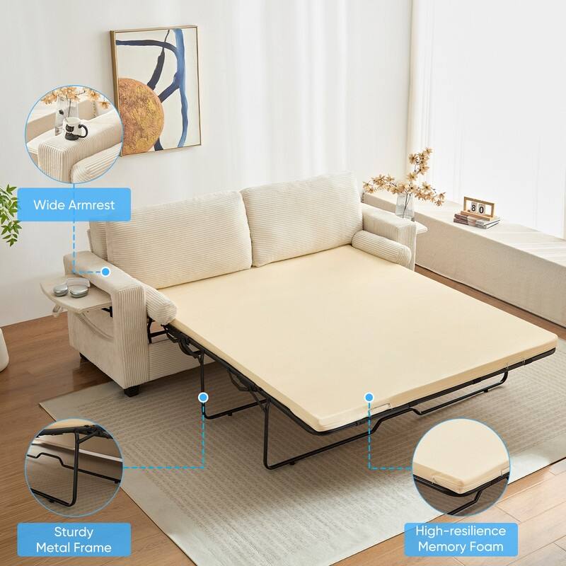 Mixoy Convertible 2-in-1 Pull Out Sleeper Sofa Bed Loveseat with 2 Wing Table and Memory Foam Mattress