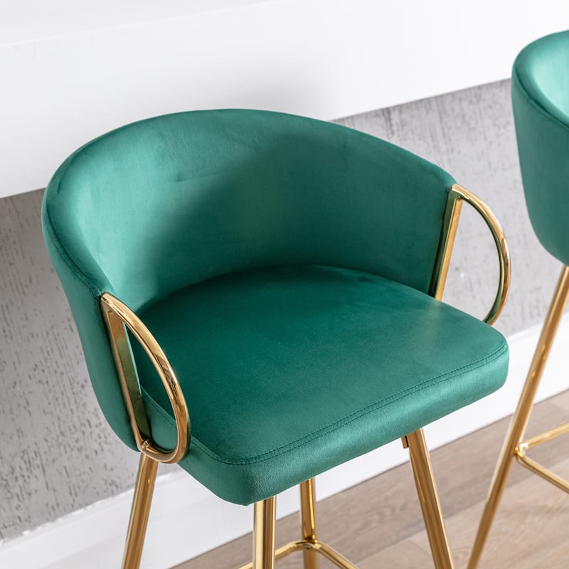 Set of 2 30" Bar Stools, Green Velvet with Chrome Footrest & Gold Legs