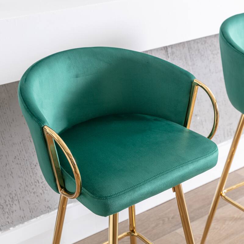 Velvet Bar Stools Set of 2, Counter Height Bar Chairs with Armrests, Kitchen Island Stools with Footrest and Golden Legs