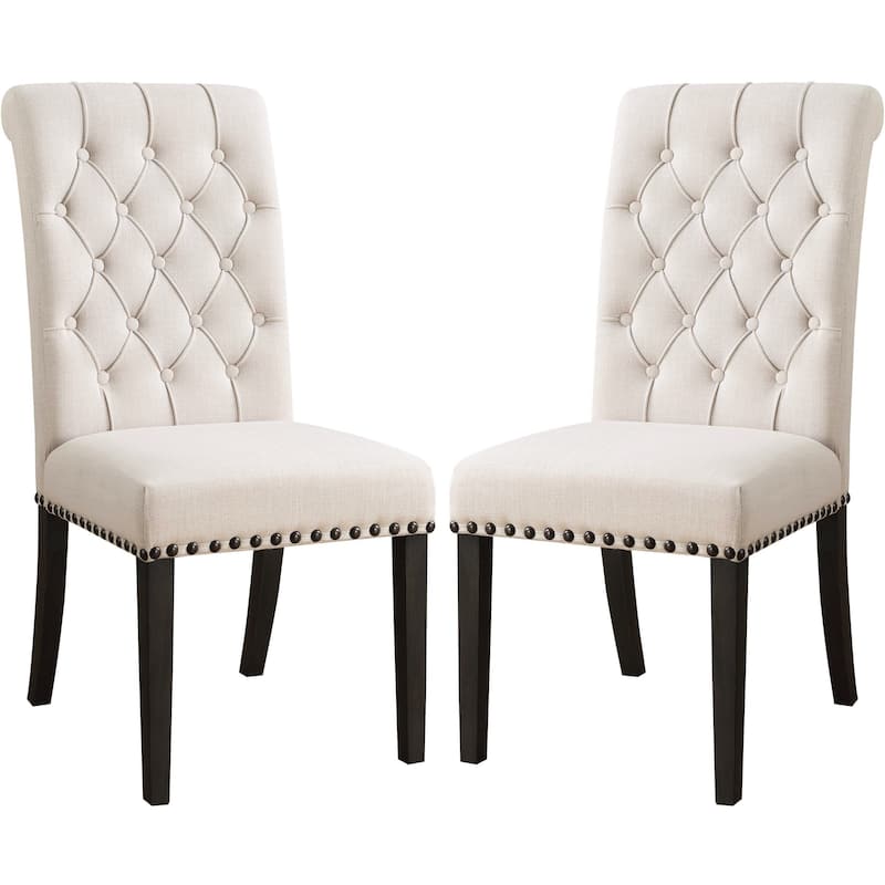 Rolled Back Design Button Tufted Beige Dining Chairs with Nailhead Trim (Set of 2)