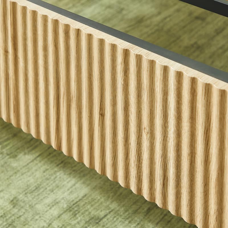 Low Profile Platform Bed, Wooden Corrugated Curved Lines Headboard Wingback Bed, Metal Slat Support Bed Frame