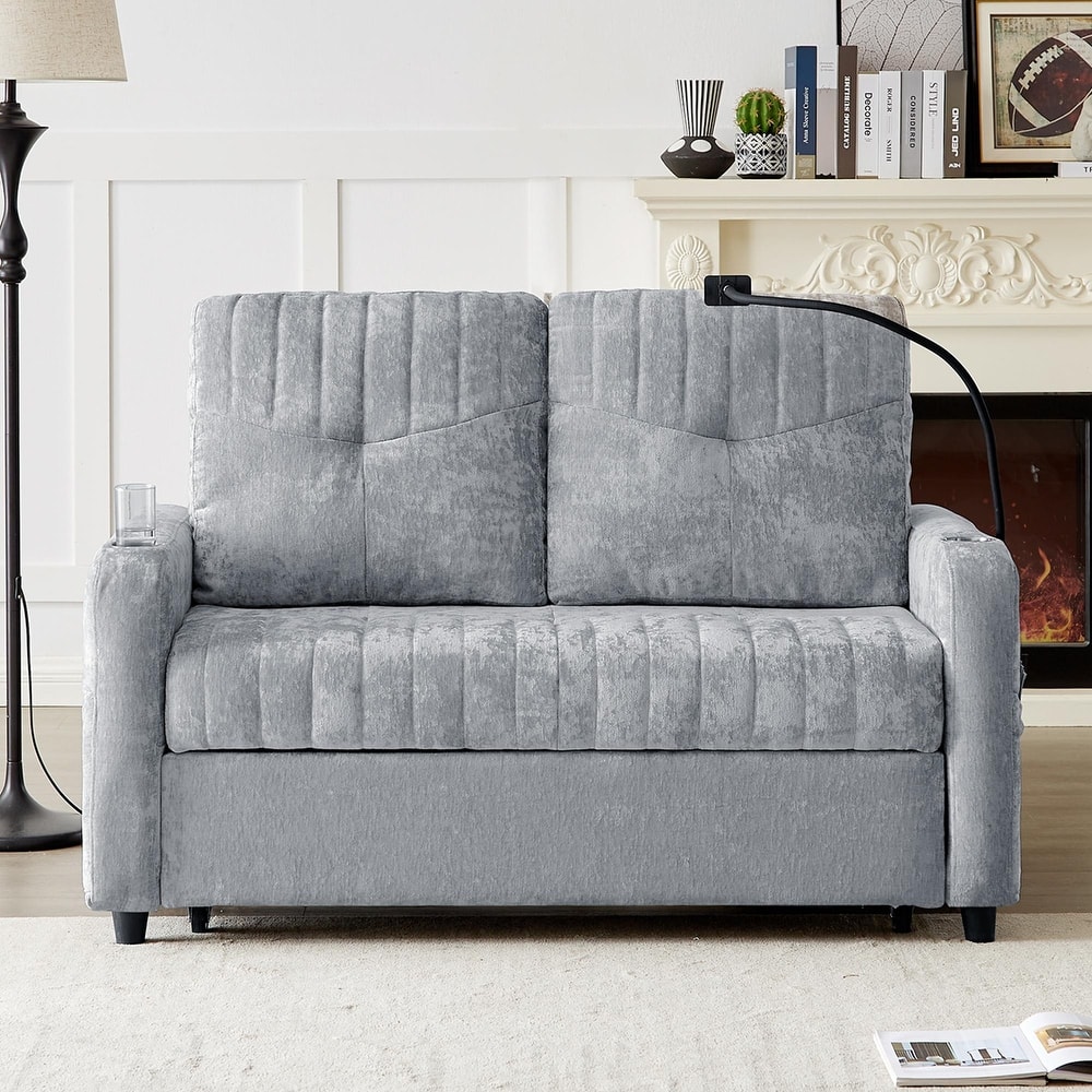 Multi-Functional Sleeper Sofa Pull-Out Loveseat with USB Charging, Sofa Bed with Adjustable Backrest and Storage Pockets