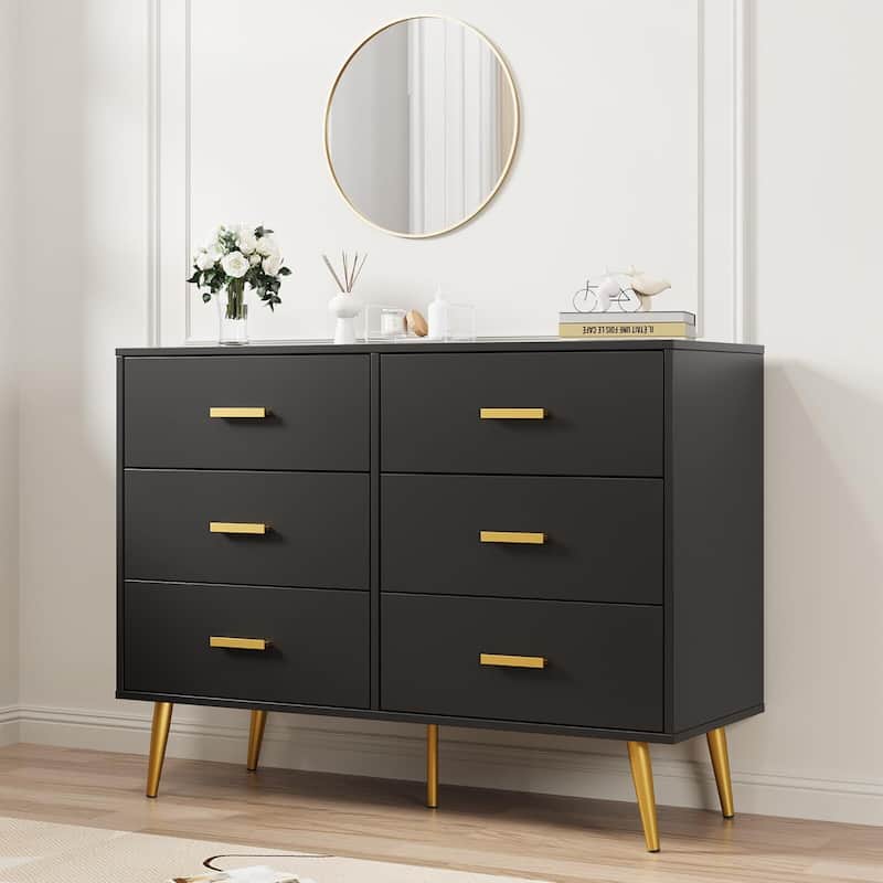 Modern 6 Drawer Dresser in White and Black, Featuring Gold Handles, Wide Wooden Drawers for Bedroom - Black
