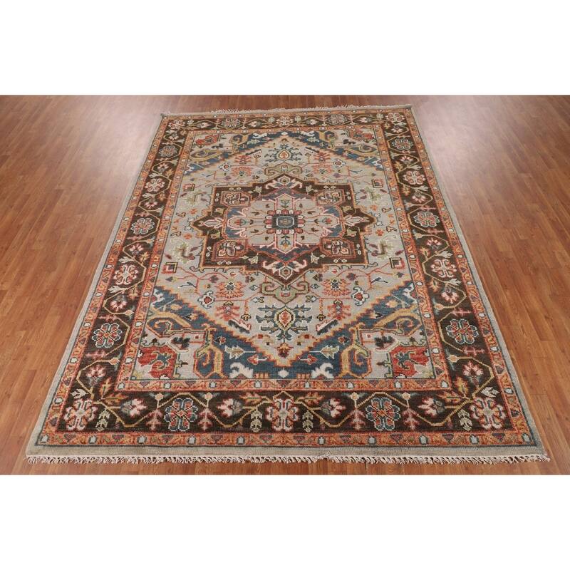 Geometric Heriz Serapi Indian Area Rug Hand-Knotted Grey Wool Carpet - 7'9"x 9'11"