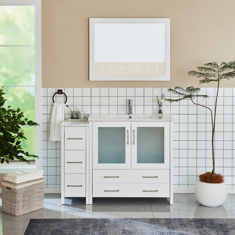Vanity Art 48-Inch Single Sink Bathroom Vanity Set 5 Dove-Tailed Drawers 2 Cabinets 1 Shelf Soft-Closing Doors with Free Mirror