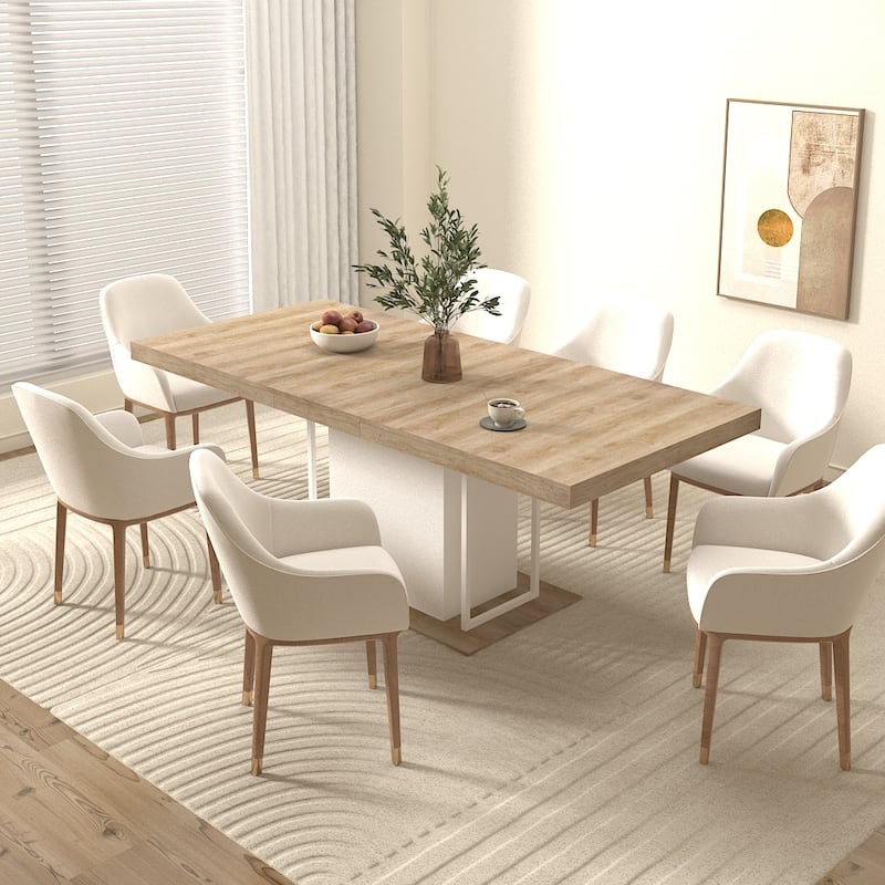 Wood Extendable Dining Table for 6-10 Person, Large Rectangle Expanding Dining Table with Black Double Pedestal Base