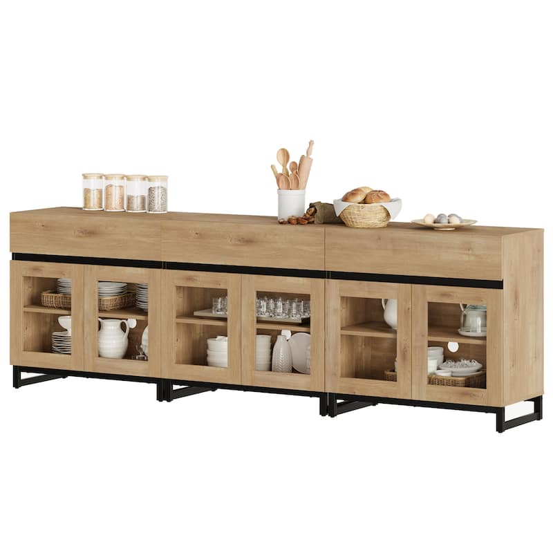 WAMPAT Modern TV Stand with Glass Doors for 110 inch TVs, Entertainment Center Console with 3 Drawers and Metal Base