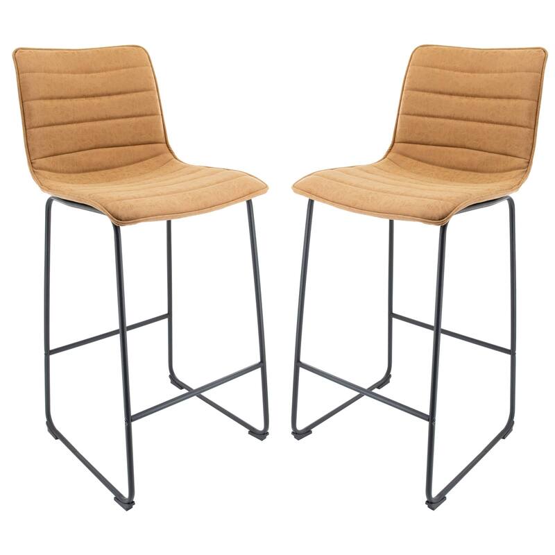 LeisureMod Brooklyn Modern Leather Barstool with Black Sled Base Set of 2 - 29.9 - Light Brown
