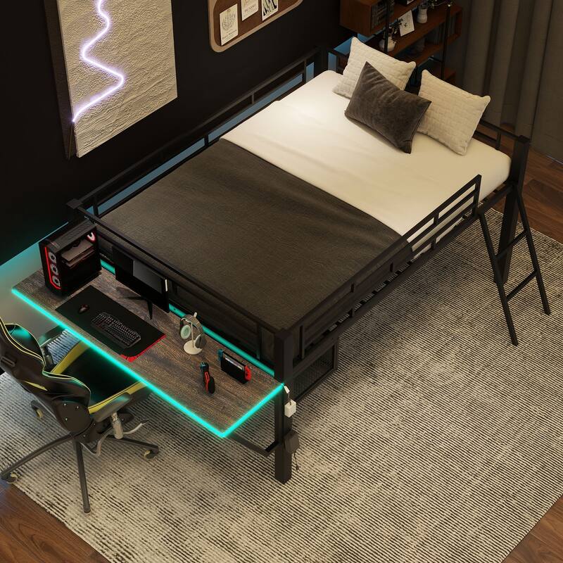Full Black Gaming Loft Bed with LED Desk and Storage